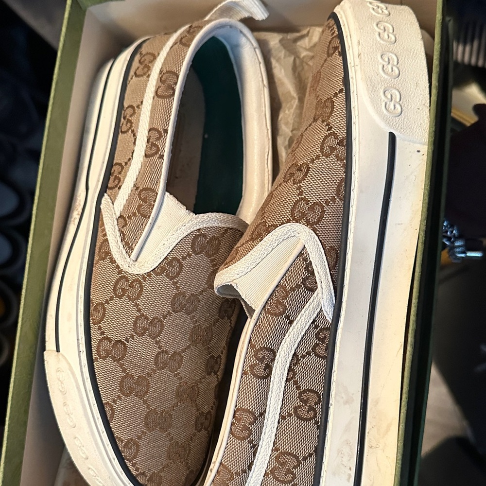 Gucci Beige and White Slip-On Shoes